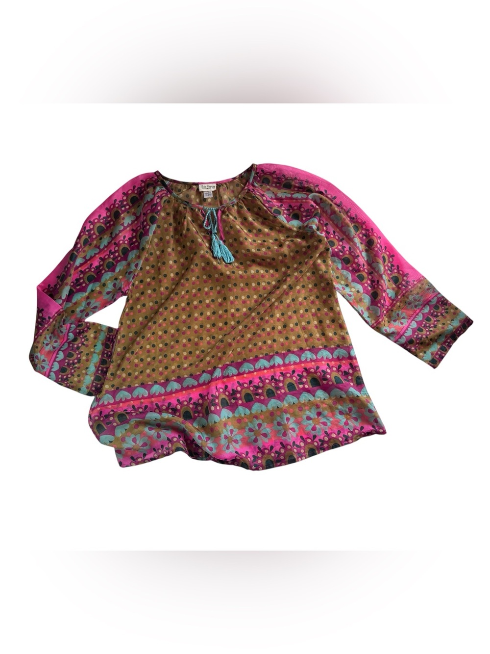 NATURAL LIFE Multicolor Polka Dot & Floral Peasant Blouse - Brown, Pink, Teal